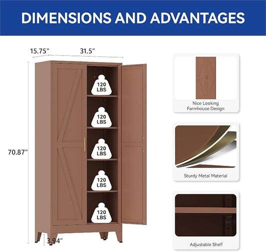 COFaR Metal Pantry Cabinet with Doors, Farmhouse 71'' Tall Storage Cabinet with 4 Adjustable Shelves, Kitchen Pantry Cabinet for Dinning Room, Garage, Laundry, Bathroom, Brown 5-Tier