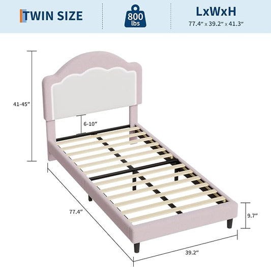 IDEALHOUSE Twin Bed Frame with LED Headboard, Boucle Fabric Upholstered Platform Bed with LED Light for Kids, Girls, Wooden Slats Support, No Box Spring Needed, Pink