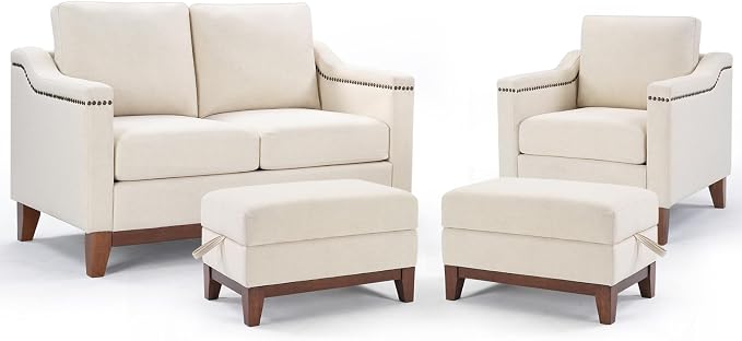 HAOMARKETS 4 Piece Fabric Sofa Set with Nailhead Trim, Included Single Accent Chair, Loveseat 2-Seater Couches with Thicked Cushion and 2 Storage Ottoman with Flip-Top Table for Living Room, Beige