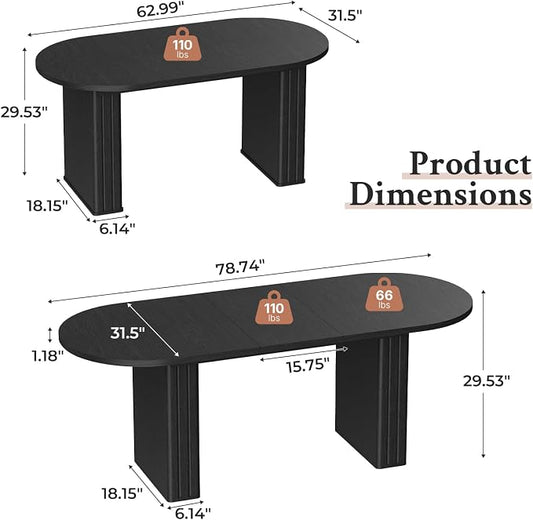 Zevemomo 62.99"-78.74" Oval Expandable Dining Table, Extendable Dining Room Table for 4-8 People with Wooden Strip Base, Modern Kitchen Table with Slide Metal Track, for Family Living Room-Black