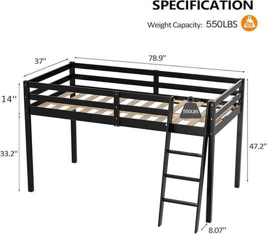 VINGLI 47'' Tall Junior Low Loft Bed with Stairs, Wood Loft Bed Twin Size for Adults, Kids and Young Teens, No Box Spring Required,Wood Slat Support, Black