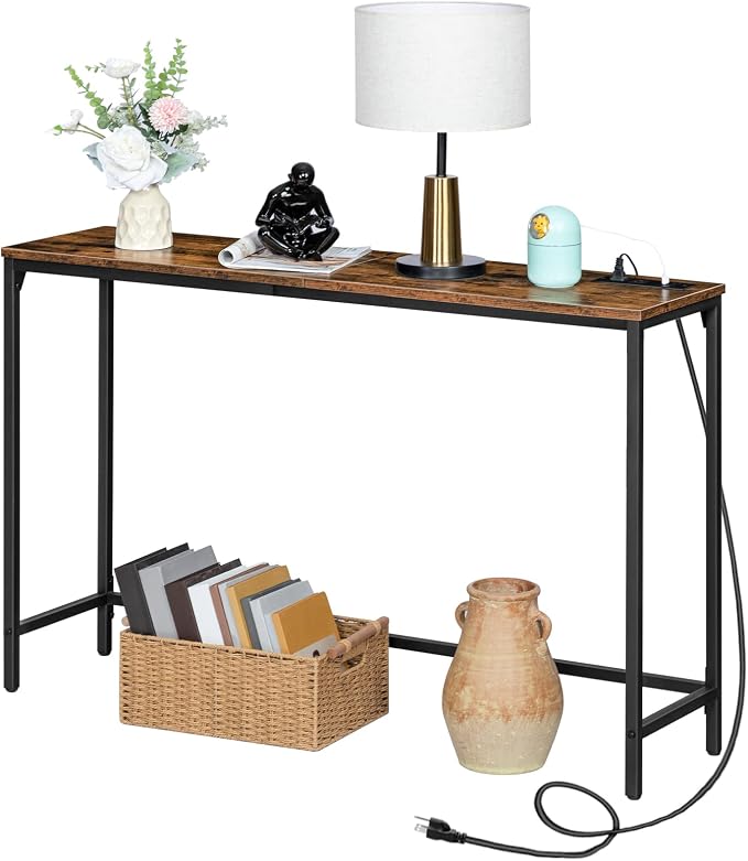 HOOBRO 47.2" Console Table with Power Outlets and USB Ports, Sofa Narrow Entryway Table with Charging Station, Behind Couch Table, Hallway, Foyer, Living Room, Bedroom, Rustic Brown BF301XG01G1