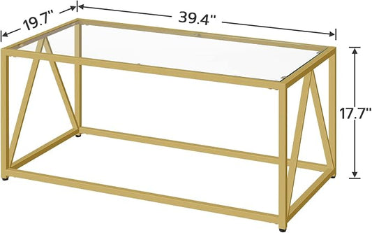 HOOBRO Glass Coffee Table, Gold Coffee Tables for Living Room, Gold Glass Coffee Table,1 Layer Center Table, Modern, for Apartment, Office, 39.4 x 19.7 x 17.7 Inches, Easy Assembly, Golden GD04KF01