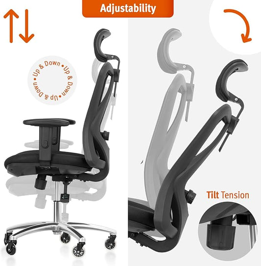 Duramont Ergonomic Office Chair | Adjustable Desk Chair with Lumbar Support and Rollerblade Wheels | High Back Chair with Breathable Mesh | Thick Seat Cushion