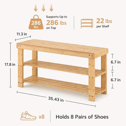 Shoe Rack Bench, 3-Tier Shoe Storage Organizer for Entryway , Shoe Shelf for Small Spaces, Multi-Functional Side Table Plant Stand, Shoe Stand for Bedroom, Living Room, Closet, Front Door, Natural
