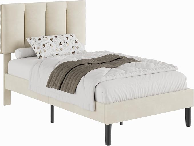 VECELO Twin Size Bed Frame with Upholstered Headboard, Heavy-Duty Bedframe with Wooden Slats & Steel Framework, Easy Assembly, Pale Beige