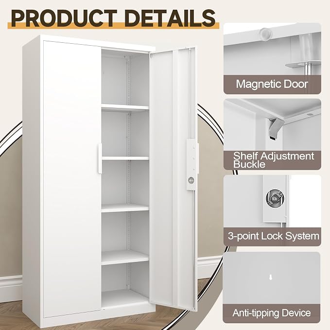GREATMEET Metal Garage Storage Cabinets with Lock Door and Adjustable Shelves, 71'' x 32'' x 17'' White Steel Tool Cabinets for Home Office Warehouse
