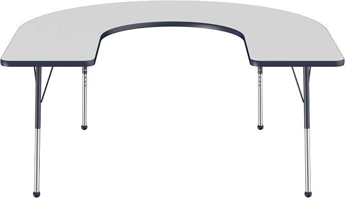 FDP Horseshoe Activity School and Office Table (60 x 66 inch), Standard Legs with Ball Glides for Collaborative Seating Environments, Adjustable Height 19-30 inches - Gray Top and Navy Edge