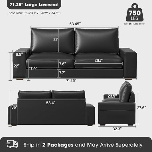Valthie Faux Leather Couch, Mid Century Modern Comfy Loveseat Sofa with Wide Arm, Side Pockets, Solid Wooden Frame for Office, Living Room and Bedroom, 2 Seater (Black, 71.25 Inches)
