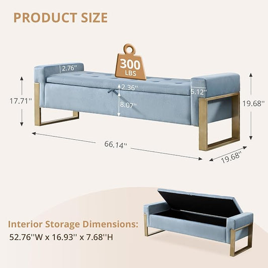 67'' End of Bed Storage Bench, Storage Ottoman Bench for Bedroom King Size, Modern Velvet Bed Benches for Foot of Beds with Gold Legs for Window Living Room Entryway, Light Blue