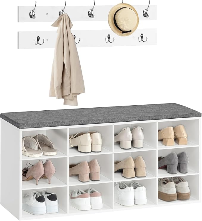 HOOBRO Shoe Storage Bench with Cushion, 39.4" L Entryway Bench with 12 Cubbies, Entryway Hall Tree with Storage, Cubby Shoe Rack Bench with Coat Rack for Hallway, Holds up to 330 lb, White WT112HX01