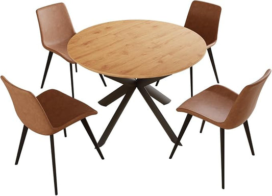 HIPIHOM 43.2"-59.1" Round Extendable Table with 4 PU Chairs | Mid century modern dining set, oak MDF tabletop, sturdy metal legs, space saving, for kitchen & coffee room