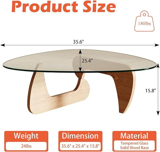 Modern Coffee Table for Living Room and Small Spaces, 35.6" x 25.4" x 15.8" Triangle Tempered Glass Table Top and Solid Wood Base, Natural Wood