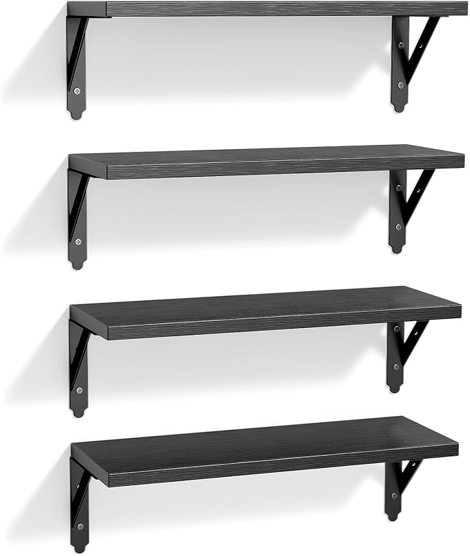 ROMGUAR CRAFT Wood Floating Shelves Set of 4, Rustic Storage Decor Wall Shelves, Wall Mounted Shelf for Living Room, Bedroom 17" x 6", Black