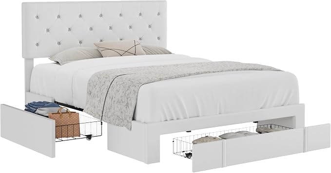 VECELO Queen Size Bed Frame with 3 Storage Drawers, Leather Upholstered with Diamond Tufted Headboard, Solid Wood Slat Support & Steel Framework, PU & White