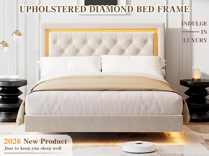 Garvee Floating Bed Frame Full Size with Smart Led Lights, Upholstered Platform Bed with Diamond Headboard, Solid Wood Slats Support, No Box Spring Needed, Noise-Free, Easy Assembly, White