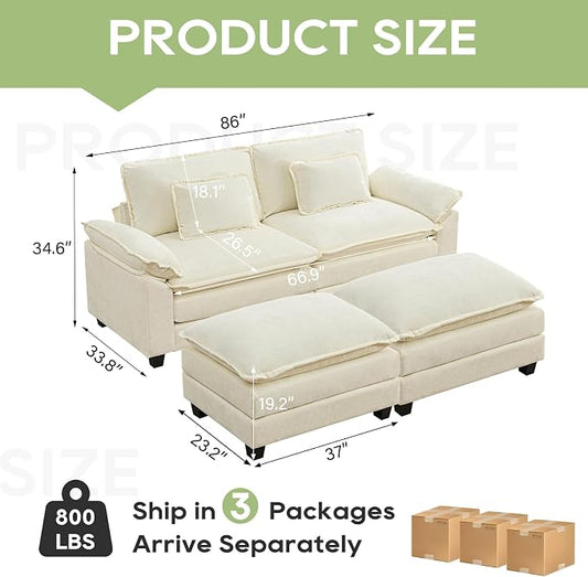 Oprisen 86" Modular Sectional Sofa, Comfy Cloud Couch Sectional Sofa with Ottoman, Chenille Sofa Sleeper Deep Seat Sofa with Throw Pillows for Living Room (Beige White)