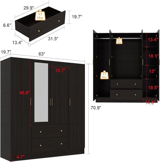 ECACAD Dark Brown Wardrobe Armoire with Mirror, 5-Tier Shelves, 2 Drawers, 2 Hanging Rods and 4 Doors, Wooden Closet Storage Cabinet for Bedroom (63”W x 19.7”D x 70.9”H)