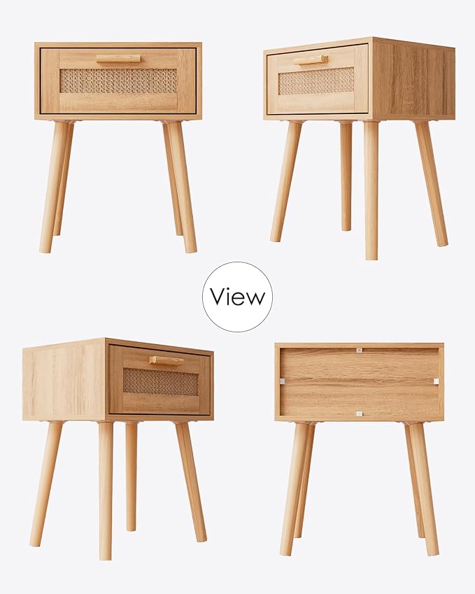 Aienvey Rattan Nightstand, Small Night Stand, Side Table with Drawer Open Shelf, Cane Accent Bedside End Table with Wood Legs, Bohemian Wood Nightstand for Bedroom, Oak (Bohemian)