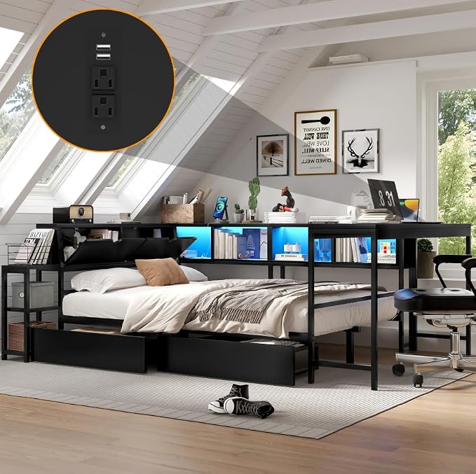 Bellemave Queen Corner Bed Frame with Desk and Storage, Queen Size cornner Bed with Charging Station and LED Light, Wood Daybeds with L-Shaped Bookcase and 2 Drawers, Black