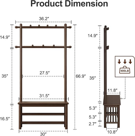 AQIMUELE Hall Tree, Coat Rack with Shoe Storage, Wooden Hall Tree with Bench, 11 Hooks and 2-Tier Storage Shelves, Entryway Bench with Coat Rack (31.5" - Deep Walnut)
