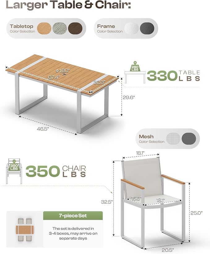 Outdoor Table and Chairs of 4, Patio Dining Sets, HDPS + Aluminum Outdoor Furniture Set with Umbrella Hole, Patio Dining Table Set (White-Teak)