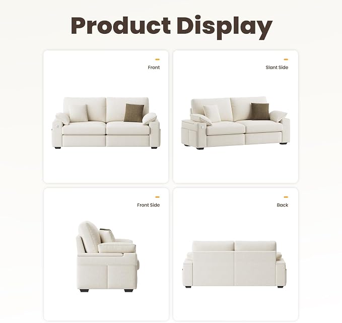 MALOL 76" Loveseat Couch, 3 Seater Upholstered Midcentury Mondern Love Seat with USB Type C Ports, 4 Pillows and Storage Armrest Cloud Foam Sofa for Living Room/Small Spaces, Beige | Breathable material