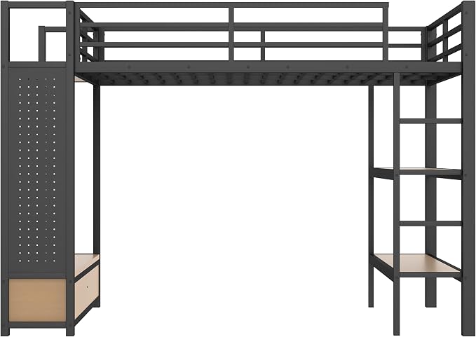 Bellemave Full Size loft Bed with Wardrobe and Storage Shelves and Pegboard Drawers, Metal Full Loft Bed Frame for Adults, Kids, Teens, Black