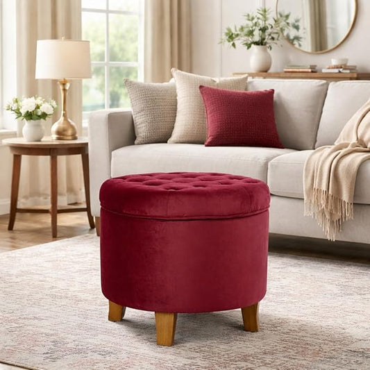Homepop Home Decor | Upholstered Round Velvet Tufted Foot Rest Ottoman | Ottoman with Storage for Living Room & Bedroom | Decorative Home Furniture, Burgundy Small
