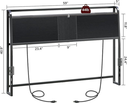 MAHANCRIS Headboard Queen Size with 2 Power Strips and Flip Door Storage | Industrial Queen Headboard with Adjustable Bed Frame Adapters, 95° Backrest, Easy Assembly, Sturdy Construction, Black