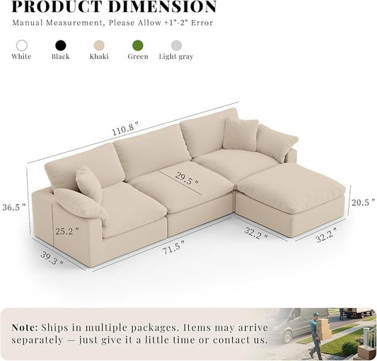 Modular Sectional Sofa Cloud Couch,Down Filled Comfy Cloud Modern Sofa,Khaki Linen L Shape Oversized Couch Cushion Covers Removable Furniture for Living Room