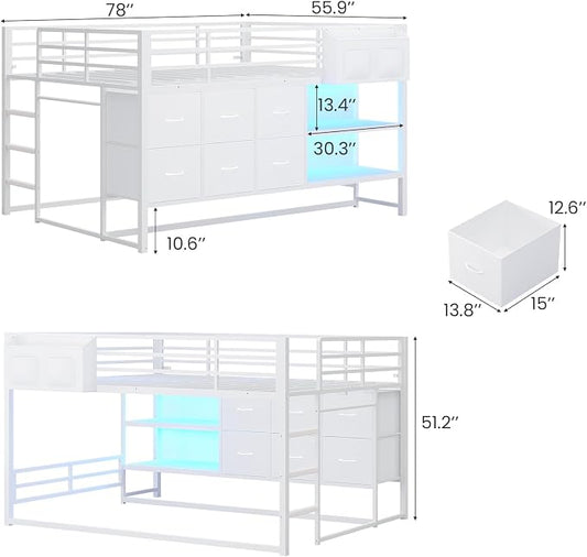 Full Over Twin Bunk Bed with 6 Drawers, Metal Frame Bunk Bed with LED Lights, Convertible Storage Bunk Bed with Extra-High Guardrails & Non-Slip Ladder, 2-Way Installation,for Teens, White