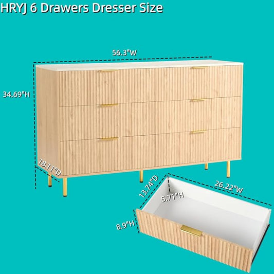 Fluted 6 Drawers Dresser for Bedroom with Faux Marble Top, 56" Wide Chest of Drawers Closet Clothes Storage Organizer, Modern TV Stand Dressers for Living Room, Hallway, Natural Oak