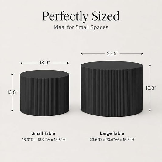 Otterease Round Coffee Table Set of 2, Modern Wooden Black Nesting Tables for Living Room, No Assembly Required Circle Side Tables Set Accent End Table for Bedroom, Balcony