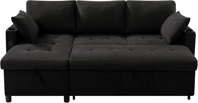 84" Fabric Pull-Out Couch Bed w/Adjustable Backrests, Black | Sectional Sleeper Sofa w/USB Ports & 2 Cup Holders, Upholstered L-Shaped Couch w/Storage Chaise for Living Room, House
