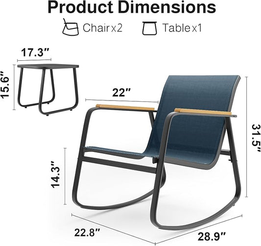 Aiho 3 Piece Rocking Bistro Set, Textilene Fabric Patio Furniture Set, Front Porch Rocker Chairs with Coffee Table for Lawn, Garden, Balcony, Poolside (Blue)