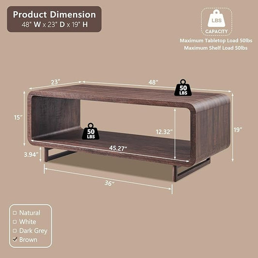 IFGET 48" Modern Coffee Table, 2-Tier Minimalist Center Table with Storage Shelf, Curved Profile Design, Wooden Rectangular Living Room Table w/Wood Thick Design for Living Room, Office, Brown