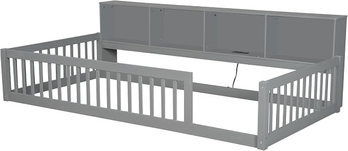 Bellemave Kids Montessori Floor Bed Twin XL Size,Floor Bed Frame with Bookcase and Charging Station for Kids Boys Girls,Gray