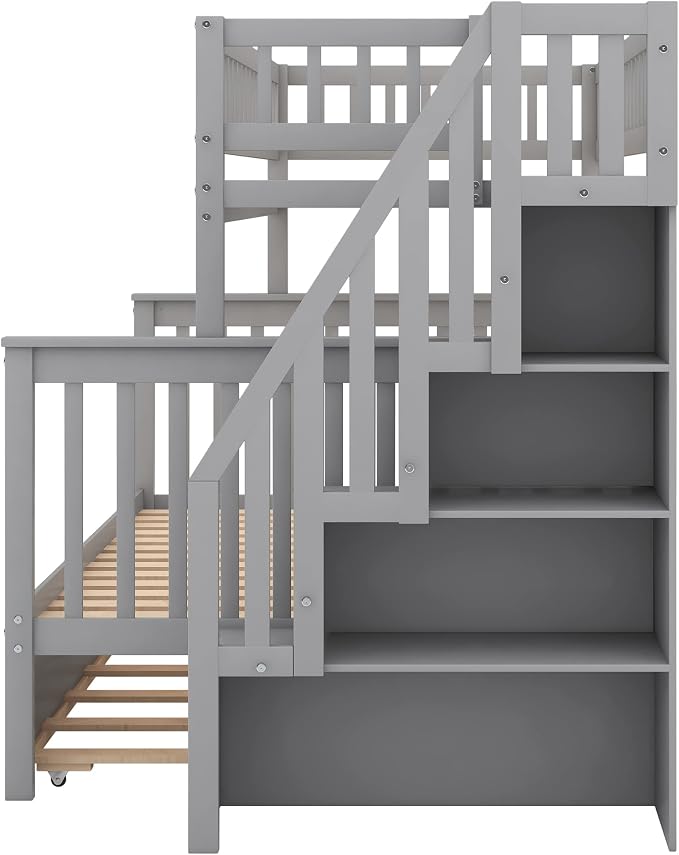 MERITLINE Twin Over Full Bunk Bed with Trundle, Storage Staircase,Solid Wood Bunk Bed with Storage Stairs Box and Guardrail, No Spring Box Needed (Grey)