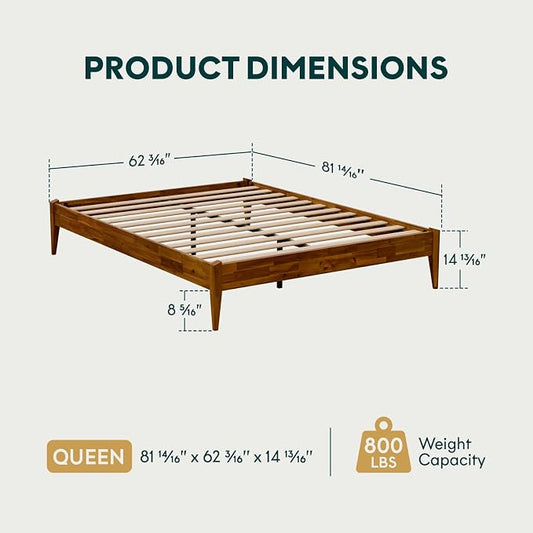 Bme Dinkee Wooden Queen Bed Frame, 15 Inch Height, Elegant Minimalist Modern Design with Japanese Joinery, Durable Wood Slats for Reliable Support, No Box Spring Required, Caramel