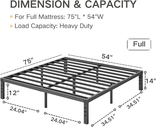 Full Size Bed Frame 14“ High Heavy Duty Metal Platform Bed Frame,Sturdy Steel Support,No Box Spring Needed,Noise-Free,Easy Assembly