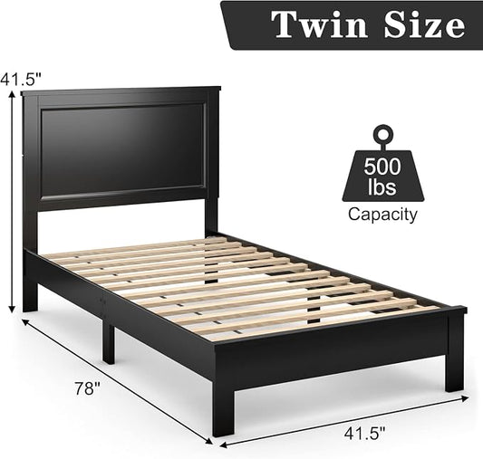 Wood Bed Frames with Headboard, Mid Century Bed Frame with Solid Wood Legs & Wooden Slat Support, Mattress Foundation Bed Base, No Box Spring Needed, (Black, Twin)