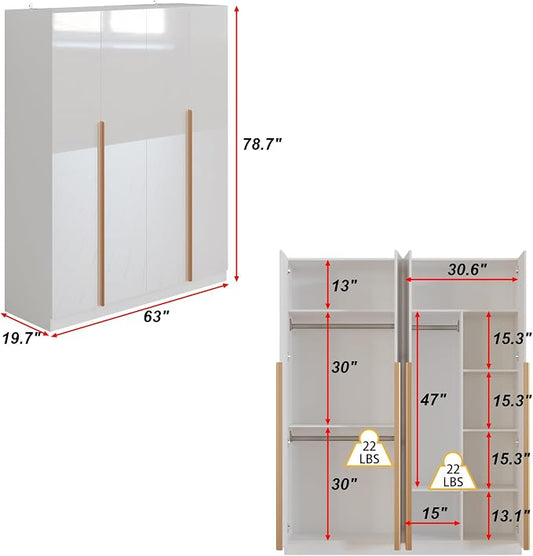 Homsee 63" W Wardrobe Closet Armoire with 4 Glossy Doors, Wooden Bedroom Clothing Storage Cabinet with 3 Hanging Rods & 10 Storage Compartments, White