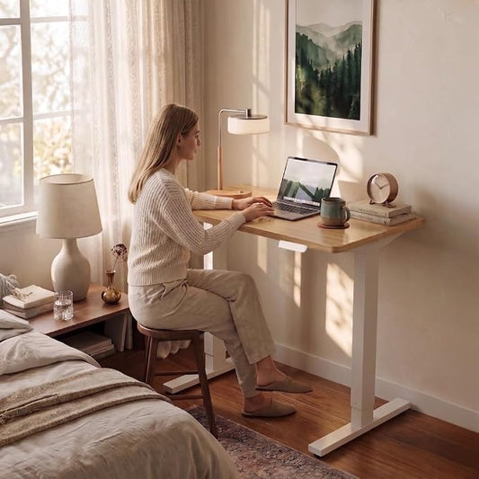 HUANUO 43 x 24 inch Electric Standing Desk Adjustable Height, 4 Memory Height Settings, Sit Stand Up Desk for Home Office & Computer Workstation, Light Walnut