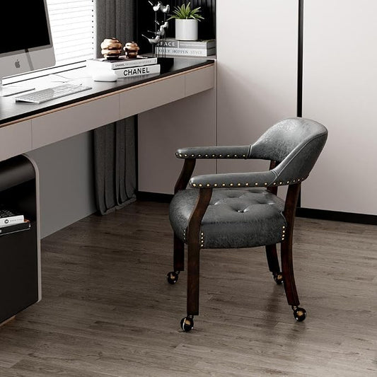 LEEMTORIG Dining Chairs with Casters and Arms, Rolling Dining Chairs with Wheels for Elderly, Ergonomic Wide Seat Wooden Office Desk Chairs, 26"D x 25.2"W, Espresso Legs & Dark Grey Fabric SY-318-GY