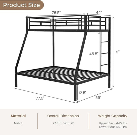 DORTALA Twin Over Full Bunk Bed, Metal Bunk Bed Frame w/Ladder, Safety Rail & Steel Slats, Space-Saving Bunk Beds for Kids Teens Adults, Noise Free for Dorm Bedroom, No Box Spring Needed, Black