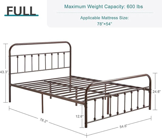 VECELO Full Size Victorian Style Metal Bed Frame with Headboard and Footboard Under Bed Storage No Box Spring Needed Strong Slat Suppor Bed Frame Purple Bronze