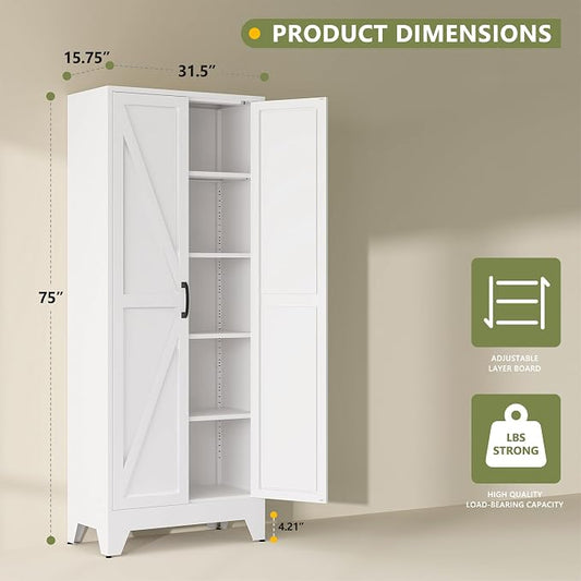 RAVIGIN Farmhouse Storage Cabinet,75" H Metal Pantry Cabinet with Barn Doors and Adjustable Shelves,75" H 6-Tier Rustic Pantry Organizers for Kitchen,Dining Room,White