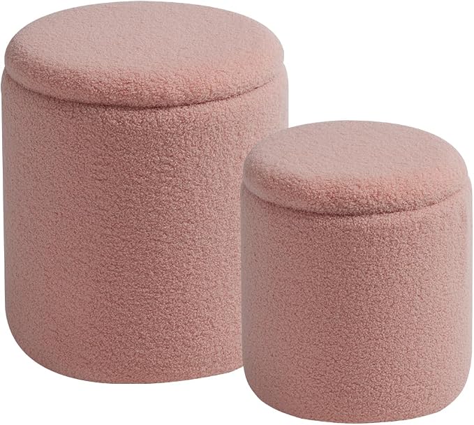 BLEXA Round Ottoman with Storage Set of 2 - Upholstered Sherpa Vanity Stool for Makeup Multifunctional Ottomans Coffee Table Padded Seat Foot Rest for Living Room & Bedroom (Sherpa Pink)