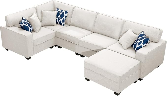 Legend Vansen Oversized Modular Sectional Sofa,U/L‑Shaped Reversible Couch with Ottoman,Deep Seat Plush Polyester Sofa for Living Room,6‑Seater,Cream